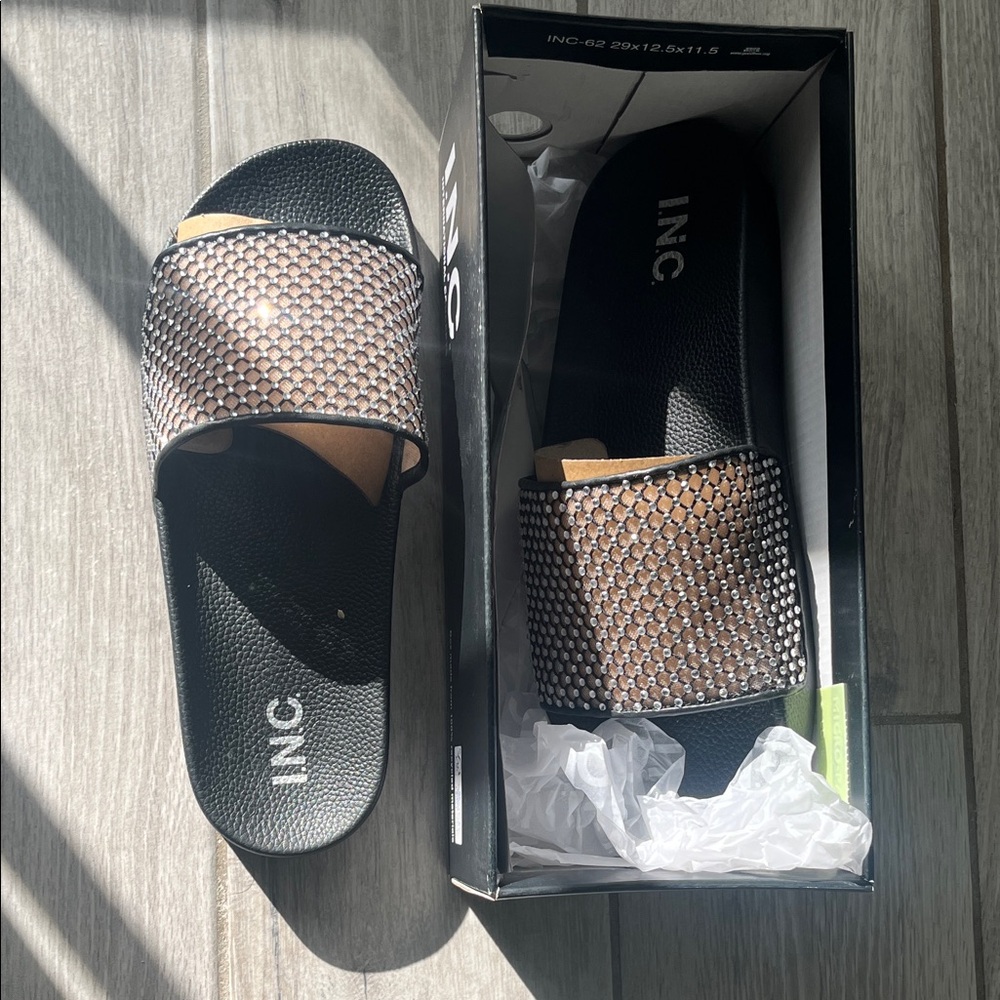 INC International Concepts Women's Black and Silver Slide Sandals